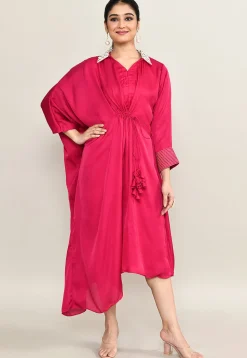 Hand Embroidered Viscose Silk Clinched Waist Dress in Fuchsia