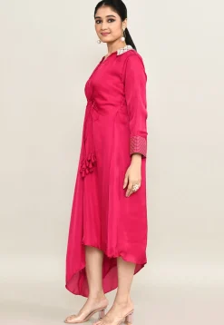 Hand Embroidered Viscose Silk Clinched Waist Dress in Fuchsia