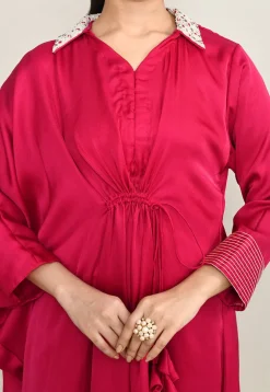 Hand Embroidered Viscose Silk Clinched Waist Dress in Fuchsia