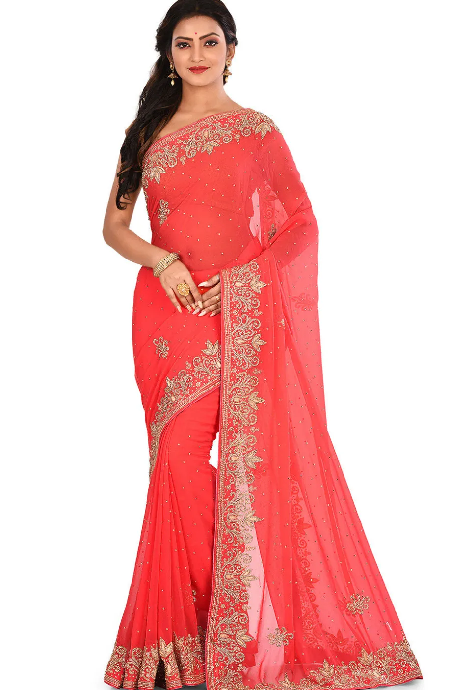 Hand Embroidered Viscose Georgette Saree in Coral Red