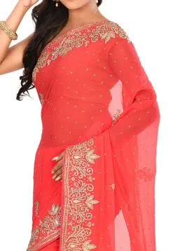 Hand Embroidered Viscose Georgette Saree in Coral Red