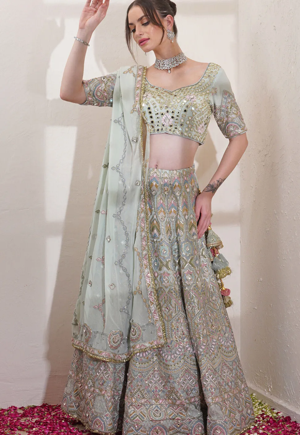 Hand Embroidered Viscose Georgette Lehenga in Pastel Green