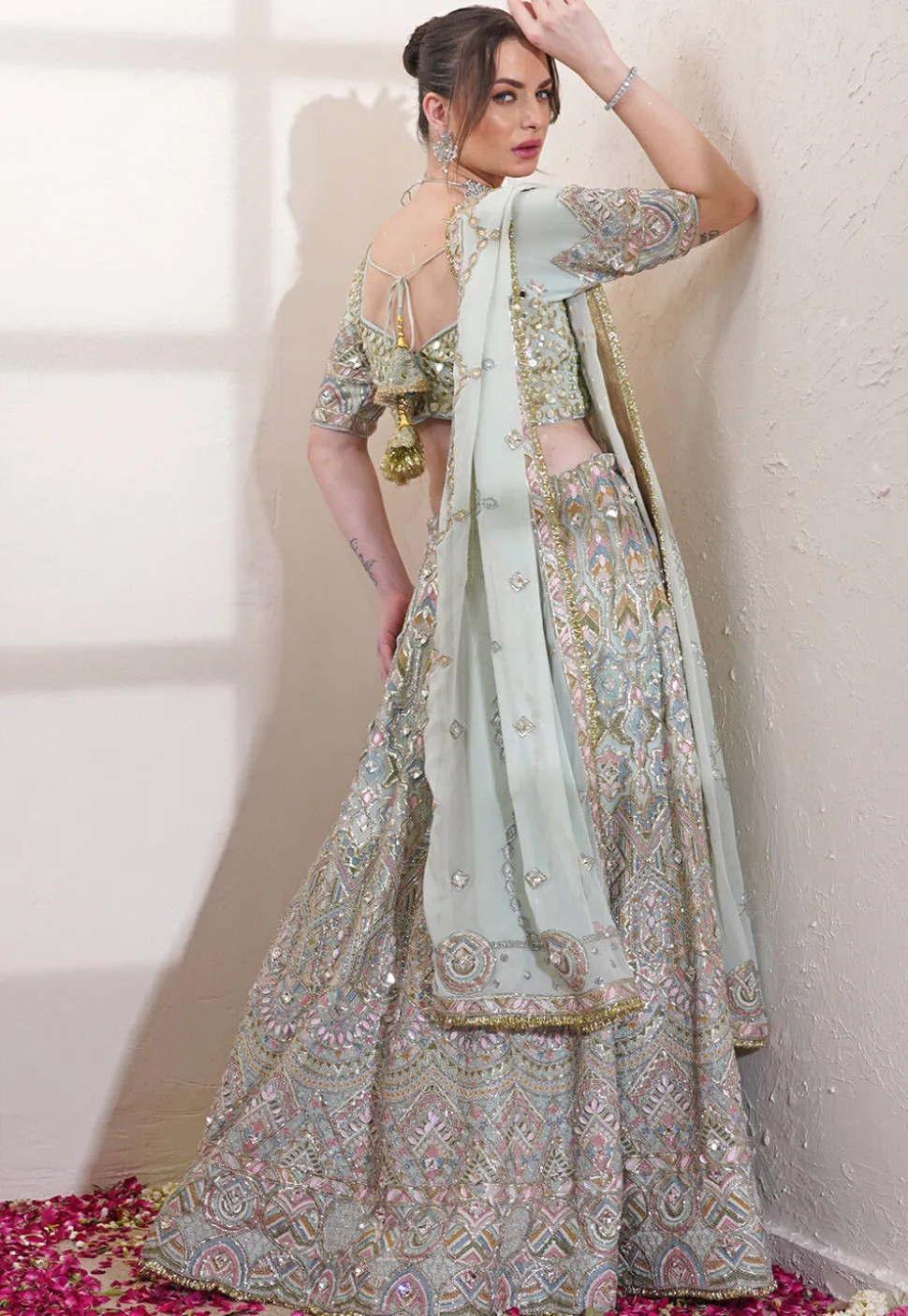 Hand Embroidered Viscose Georgette Lehenga in Pastel Green