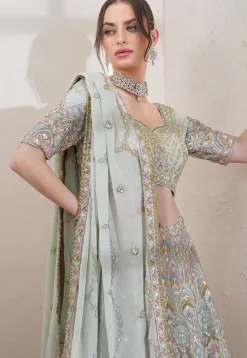 Hand Embroidered Viscose Georgette Lehenga in Pastel Green