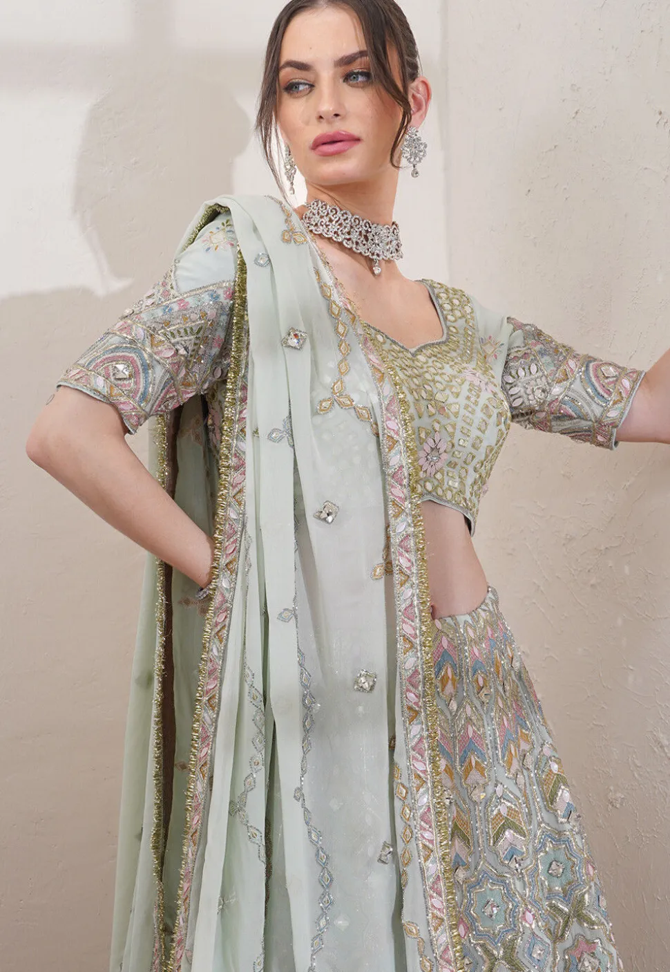 Hand Embroidered Viscose Georgette Lehenga in Pastel Green