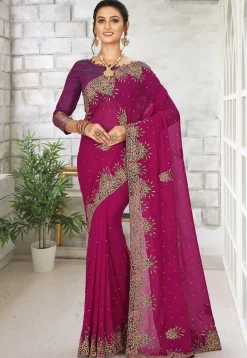 Hand Embroidered Viscose Georgette Saree in Magenta
