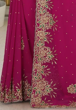 Hand Embroidered Viscose Georgette Saree in Magenta