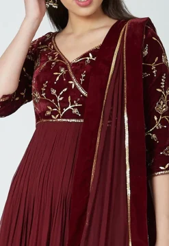 Hand Embroidered Viscose Georgette Abaya Style Suit in Maroon
