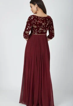 Hand Embroidered Viscose Georgette Abaya Style Suit in Maroon