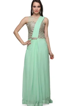 Hand Embroidered Viscose Georgette Gown with attached Dupatta in Sea Green