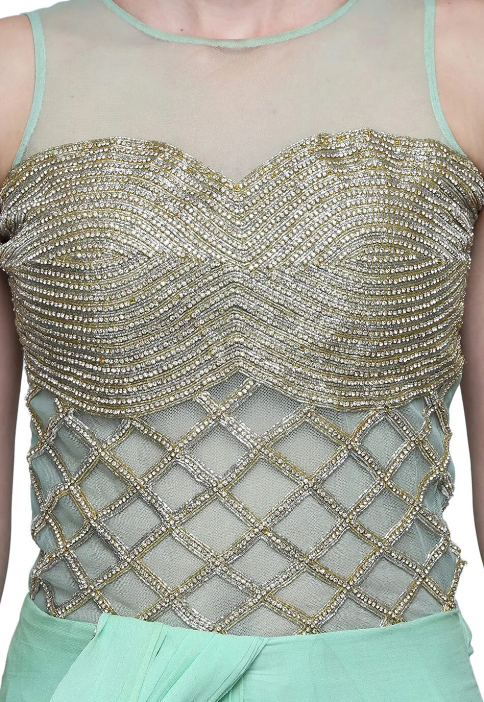 Hand Embroidered Viscose Georgette Gown with attached Dupatta in Sea Green