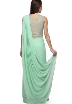 Hand Embroidered Viscose Georgette Gown with attached Dupatta in Sea Green