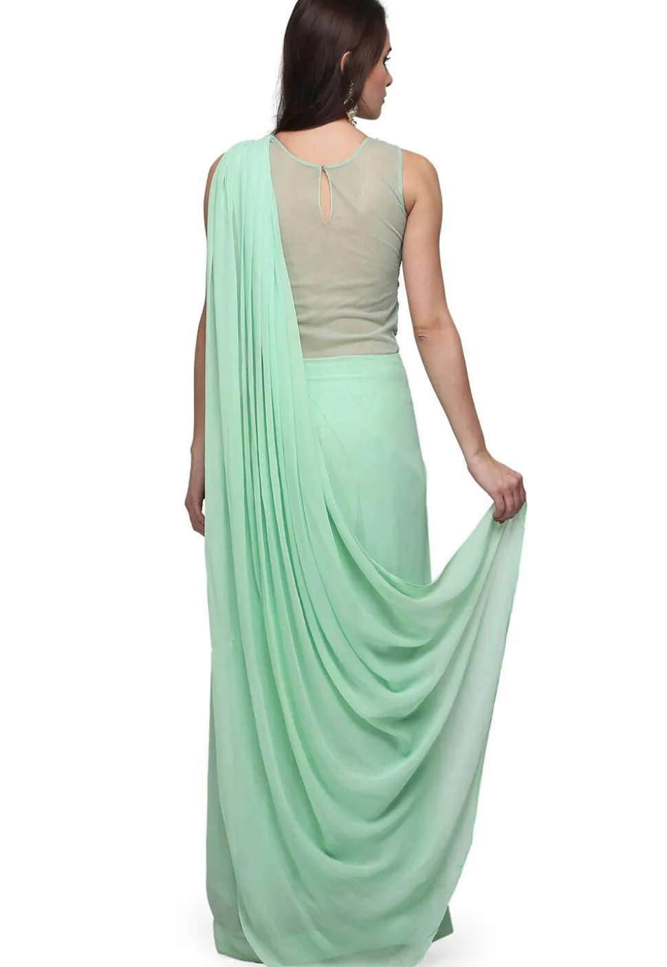 Hand Embroidered Viscose Georgette Gown with attached Dupatta in Sea Green