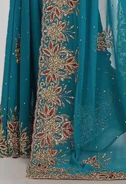 Hand Embroidered Viscose Georgette Saree in Teal Blue