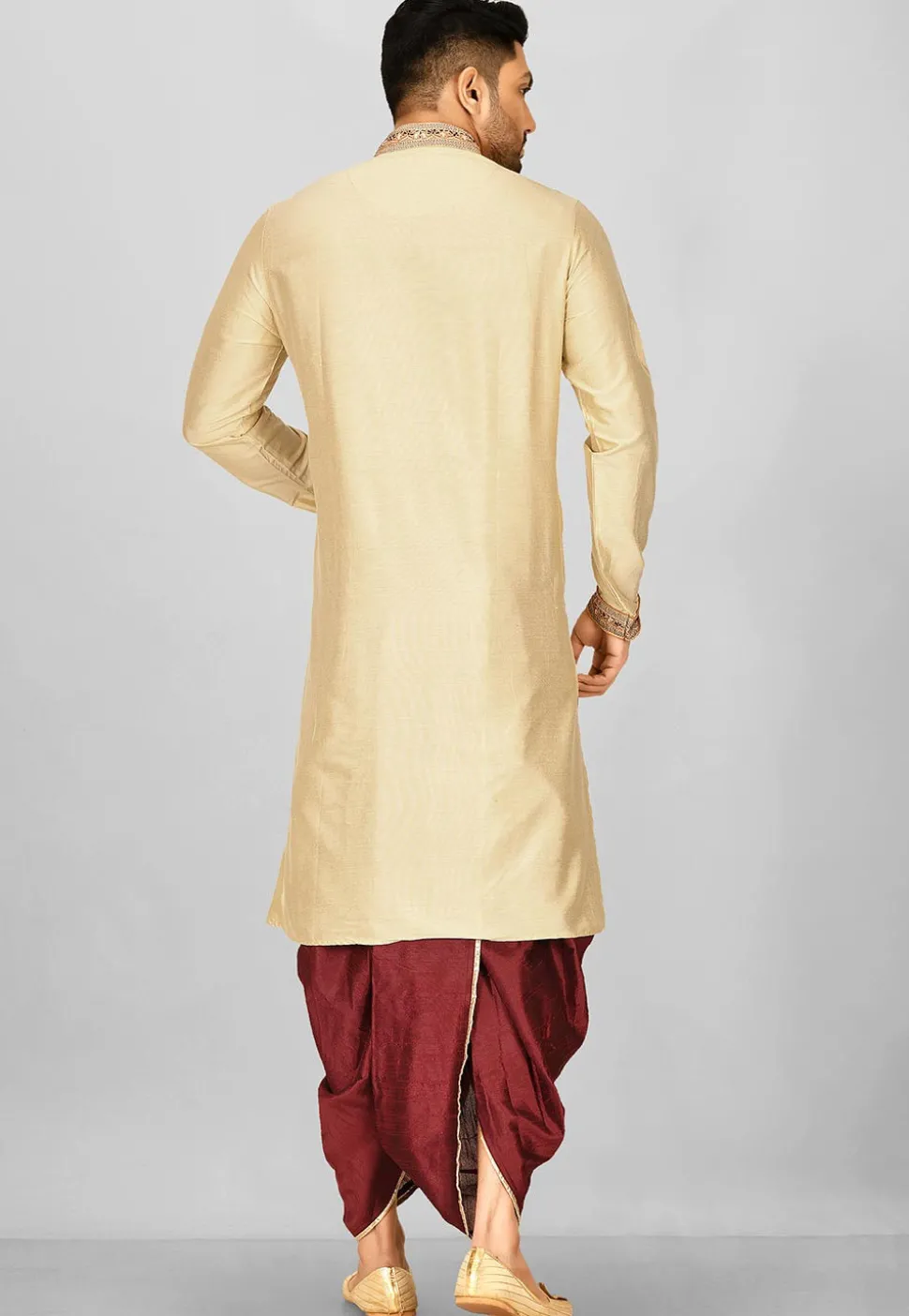 Hand Emroidered Cotton Silk Dhoti Kurta in Beige