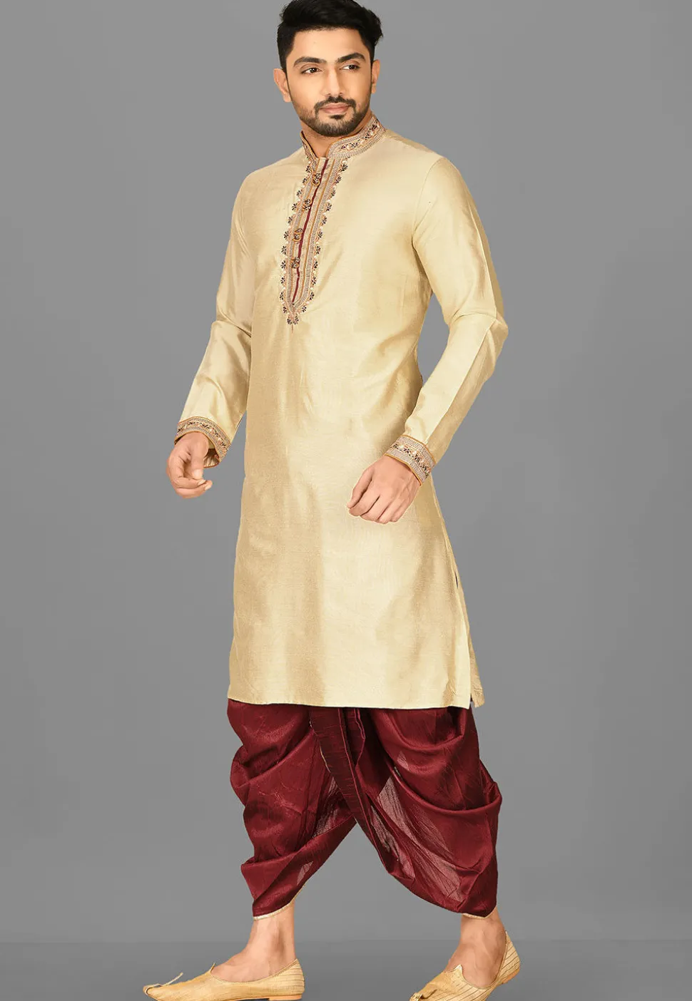 Hand Emroidered Cotton Silk Dhoti Kurta in Beige