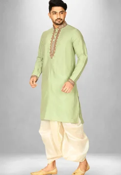 Hand Emroidered Cotton Silk Dhoti Kurta in Dusty Green