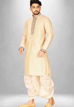 Hand Emroidered Cotton Silk Dhoti Kurta in Light Beige