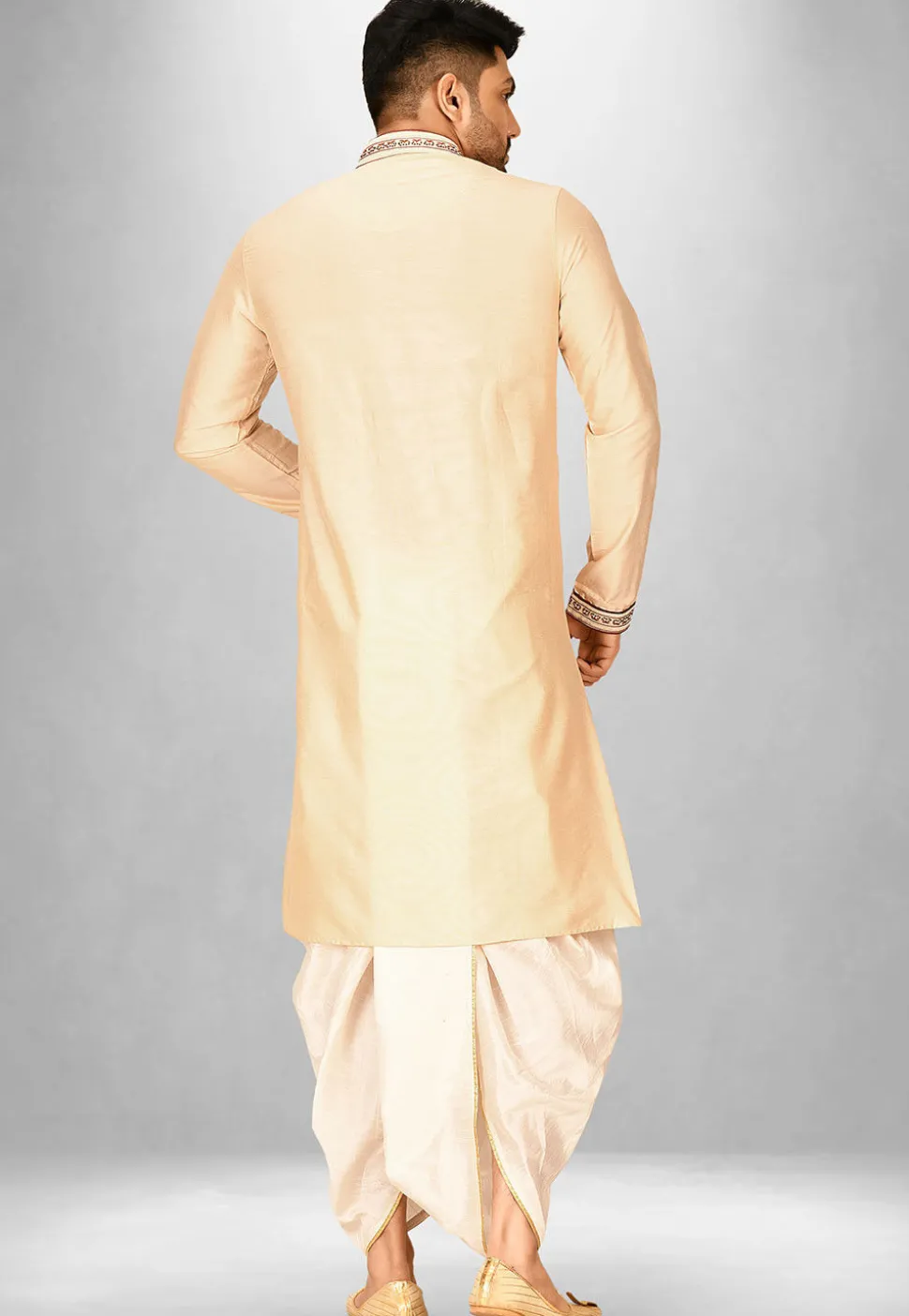 Hand Emroidered Cotton Silk Dhoti Kurta in Light Beige
