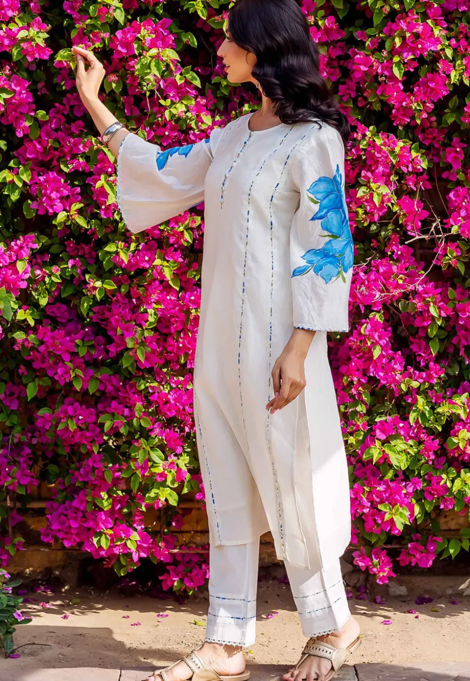 Hand Painted Chanderi Silk Straight Kurta Set in White
