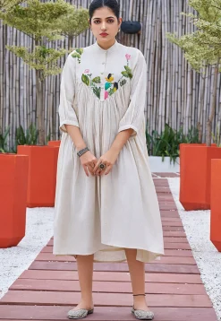 Hand Painted Cotton Midi Dress in Off White