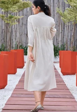 Hand Painted Cotton Midi Dress in Off White