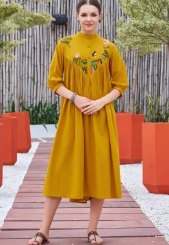Hand Painted Cotton Midi Dress in Mustard