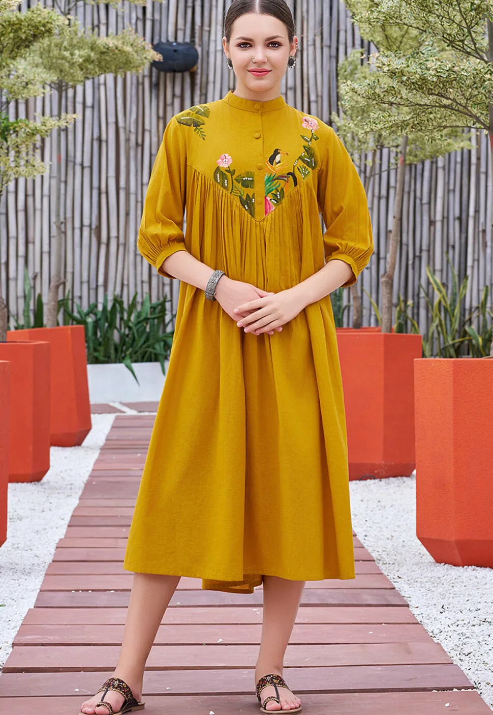 Hand Painted Cotton Midi Dress in Mustard