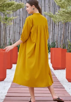 Hand Painted Cotton Midi Dress in Mustard