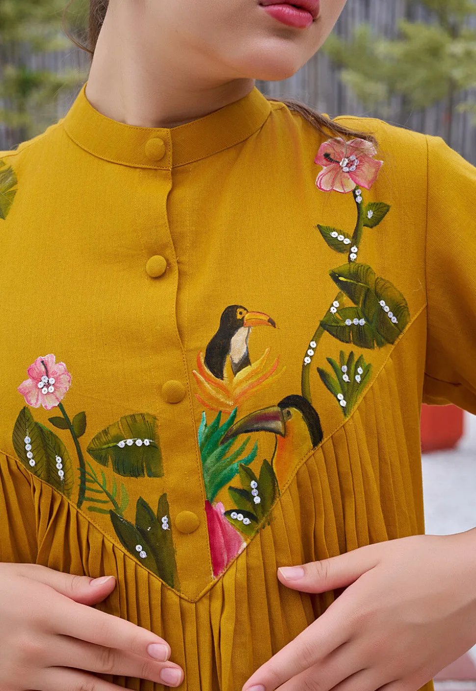 Hand Painted Cotton Midi Dress in Mustard