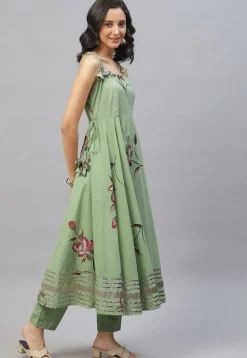 Hand Painted Cotton Tie Up Pakistani Suit in Pastel Green