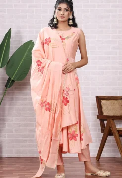 Hand Painted Modal Silk Anarkali Suit in Peach