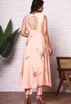 Hand Painted Modal Silk Anarkali Suit in Peach