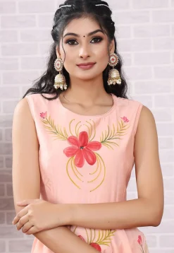 Hand Painted Modal Silk Anarkali Suit in Peach