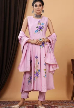 Hand Painted Modal Silk Anarkali Suit in Pink