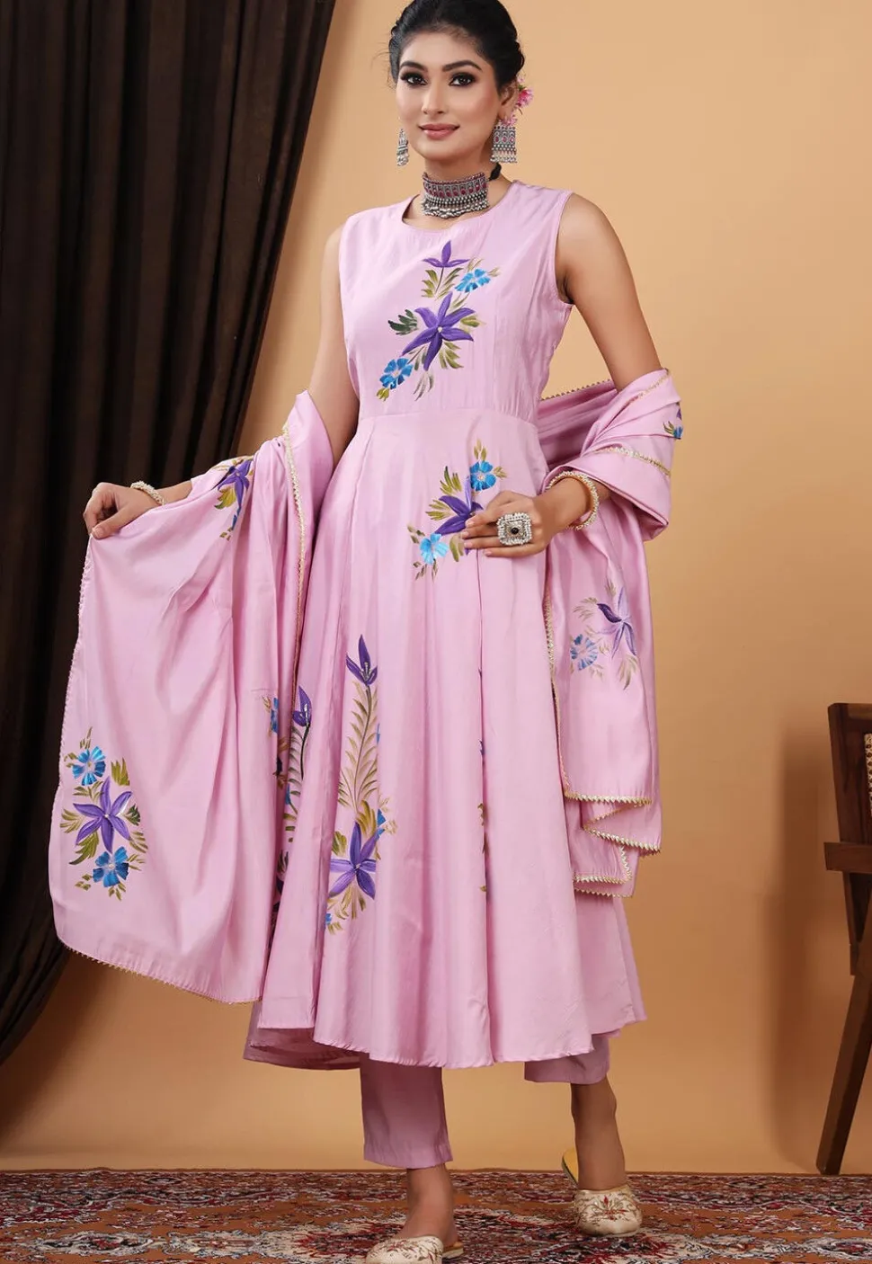 Hand Painted Modal Silk Anarkali Suit in Pink