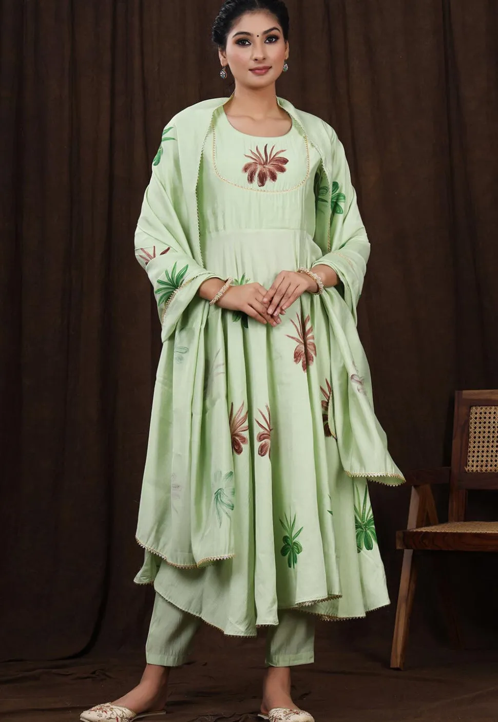 Hand Painted Modal Silk Anarkali Suit in Pastel Green
