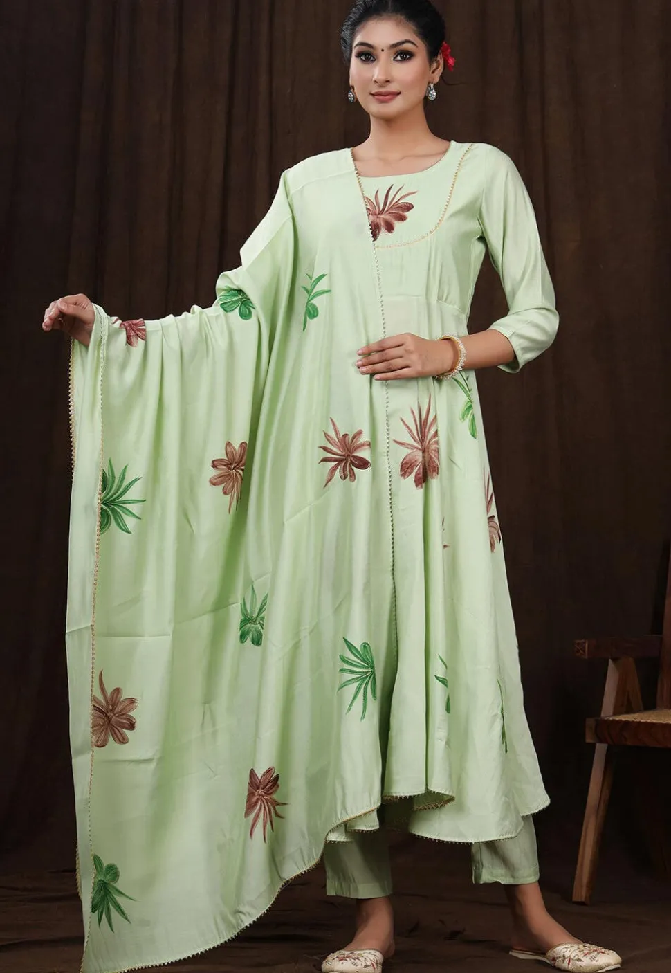 Hand Painted Modal Silk Anarkali Suit in Pastel Green