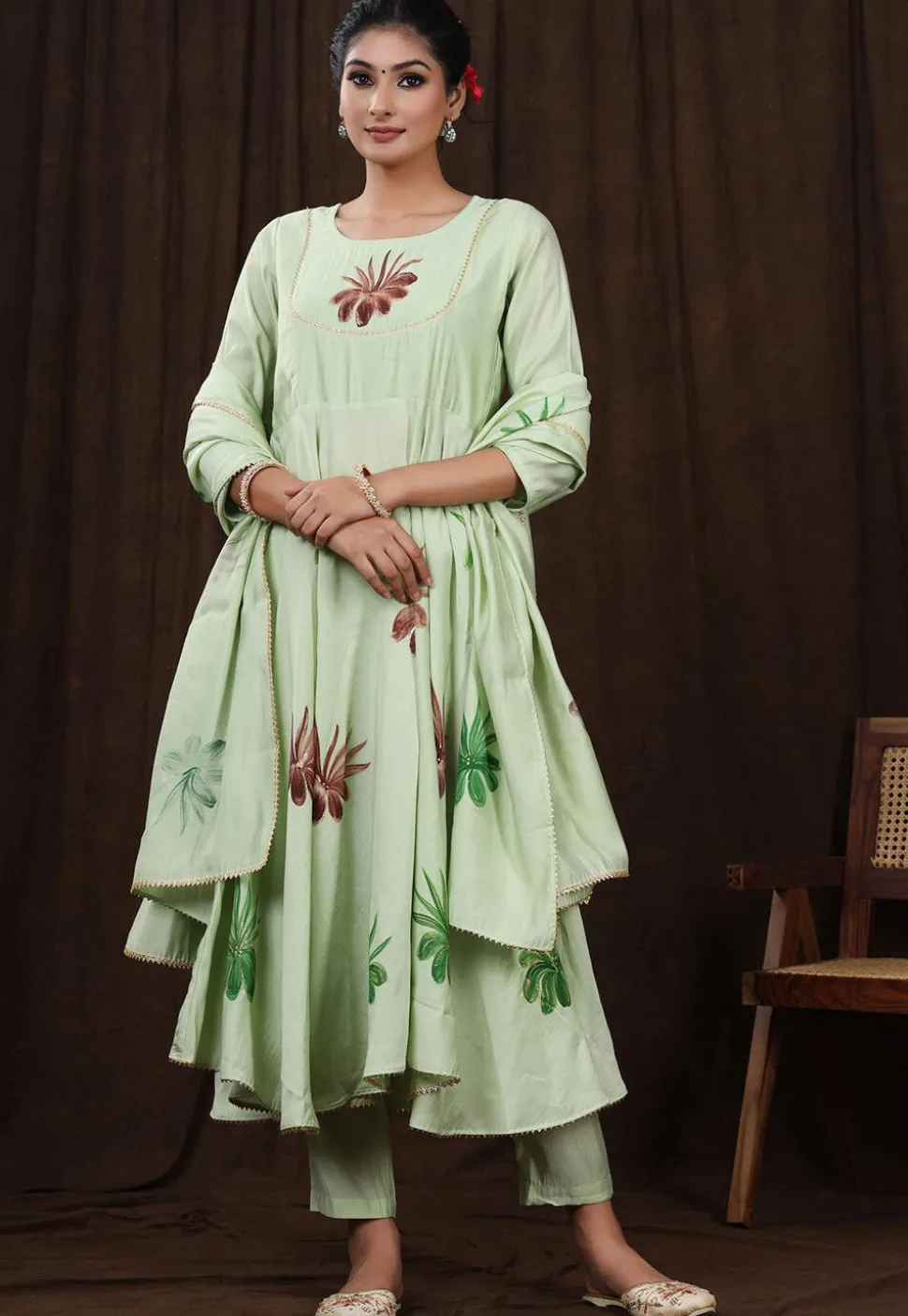Hand Painted Modal Silk Anarkali Suit in Pastel Green