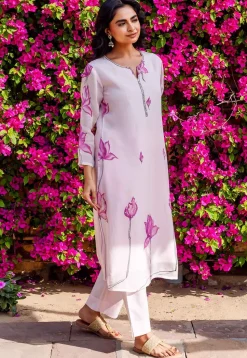 Hand Painted Organza Straight Kurta Set in Baby Pink