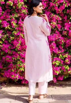 Hand Painted Organza Straight Kurta Set in Baby Pink