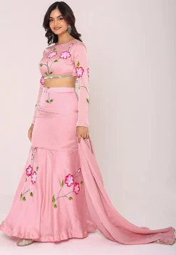 Hand Painted Satin Lehenga in Pink
