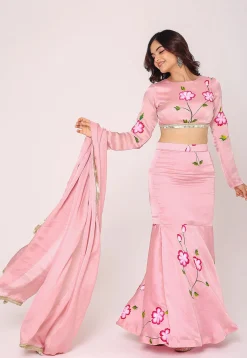 Hand Painted Satin Lehenga in Pink