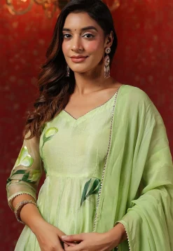 Hand Printed Organza Aline Suit in Light Green
