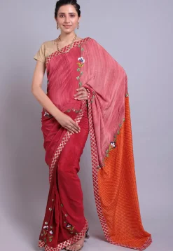 Hand Printed Pure Crepe Saree in Shaded Red