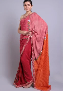 Hand Printed Pure Crepe Saree in Shaded Red