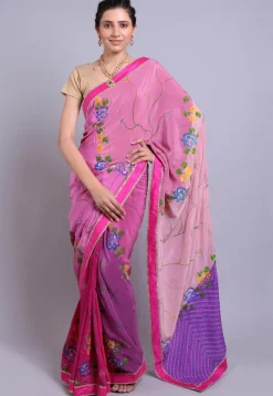 Hand Printed Pure Crepe Saree in Shaded Pink and Purple