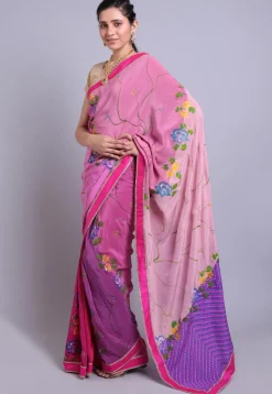 Hand Printed Pure Crepe Saree in Shaded Pink and Purple