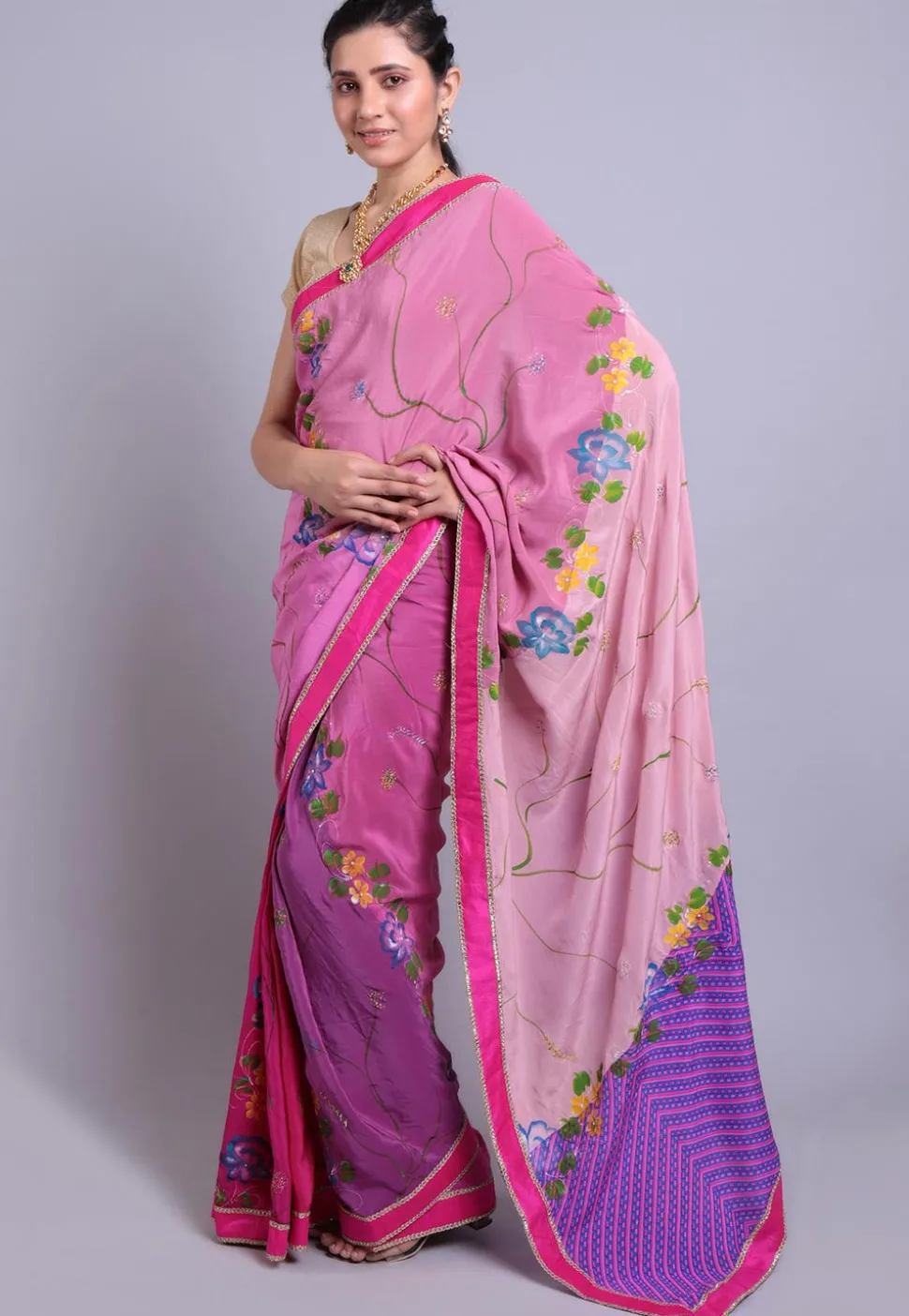 Hand Printed Pure Crepe Saree in Shaded Pink and Purple