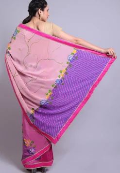 Hand Printed Pure Crepe Saree in Shaded Pink and Purple